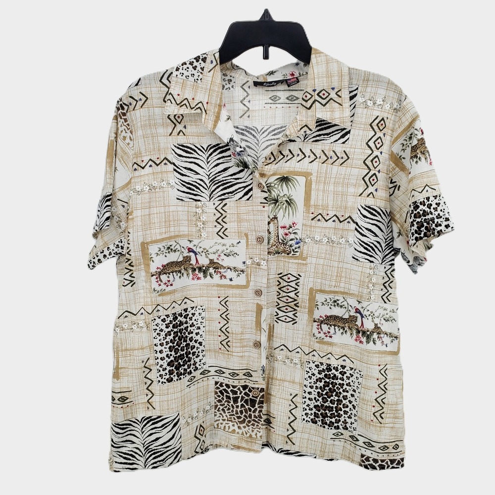 Tapestry Vintage 90s‎ Safari Animal Patchwork Button Front Shirt Large USA